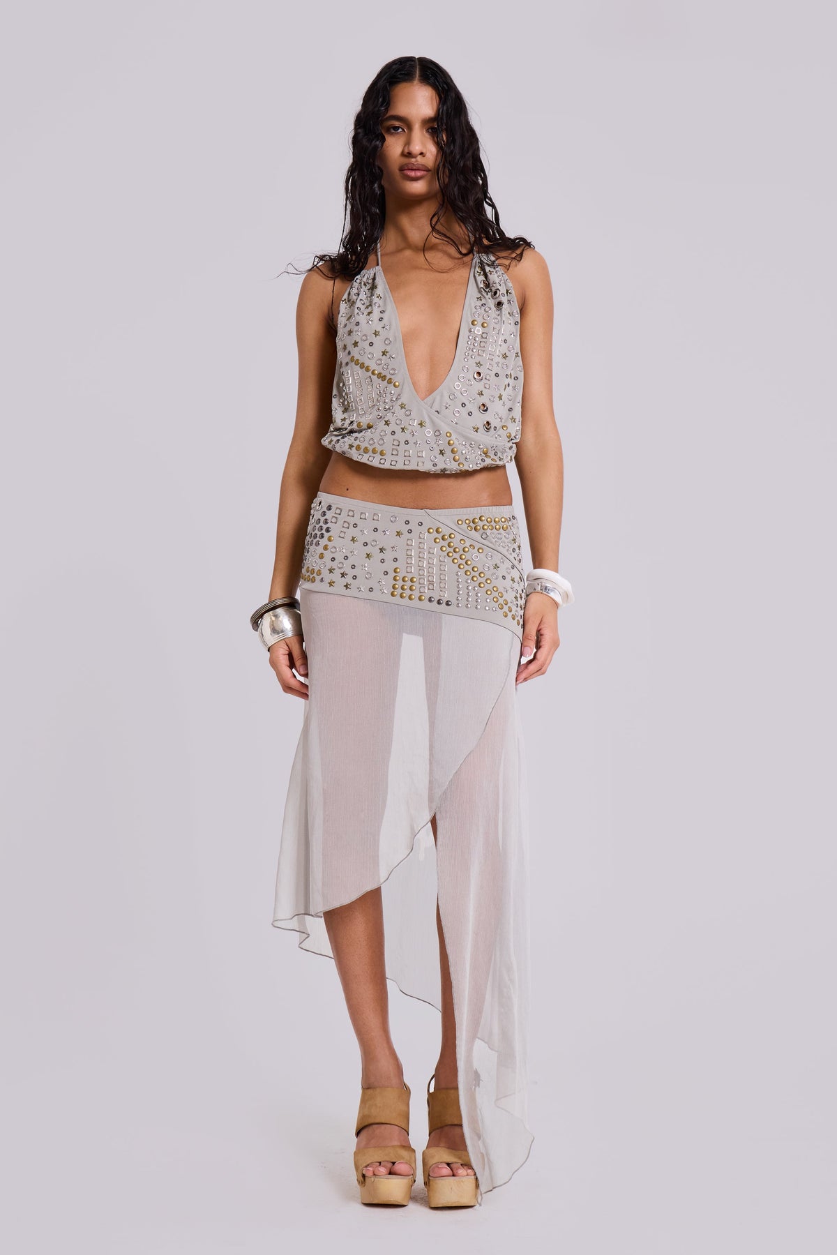 Xtal Studded Chiffon Midi Skirt