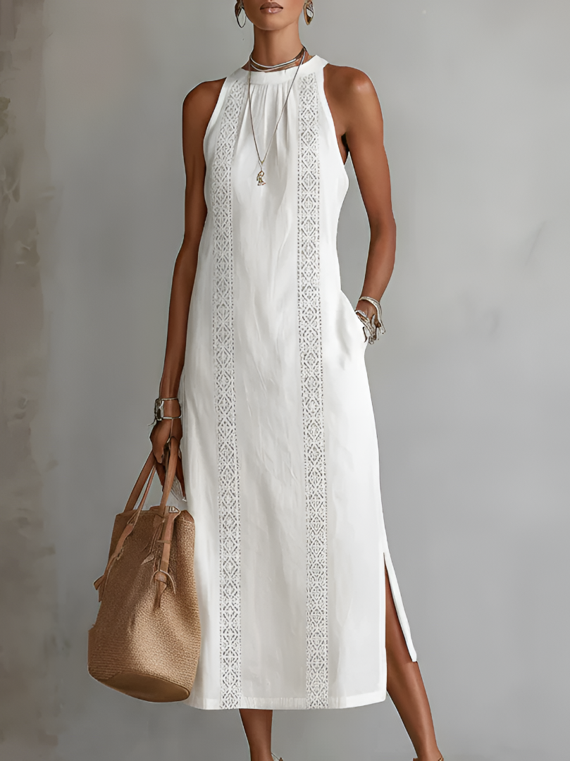 Luciana | Vestido midi bordado con cuello mao