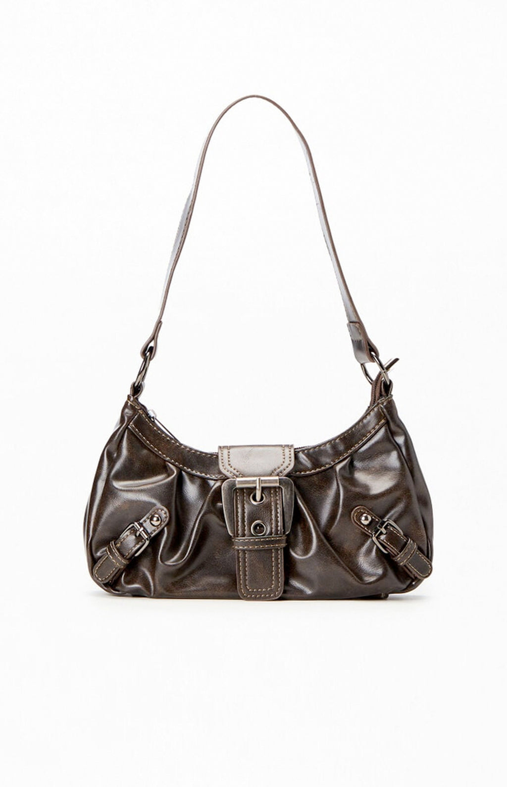 Bolso de hombro de piel sintética marrón con hebilla frontal