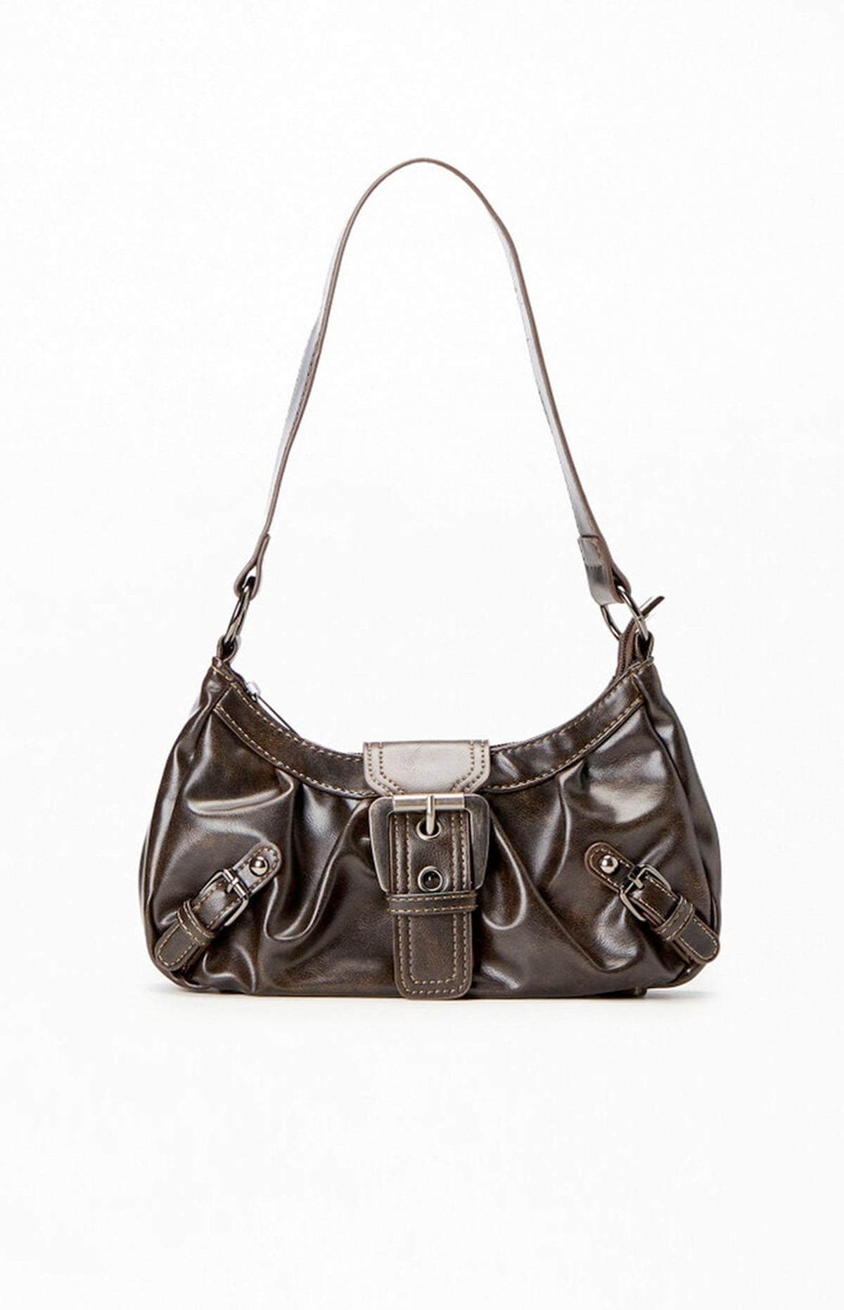 Bolso de hombro de piel sintética marrón con hebilla frontal