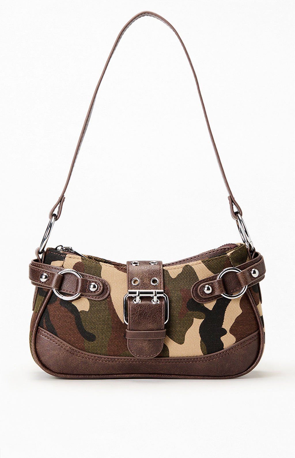 Bolso de hombro de piel sintética con estampado de camuflaje y hebilla frontal.