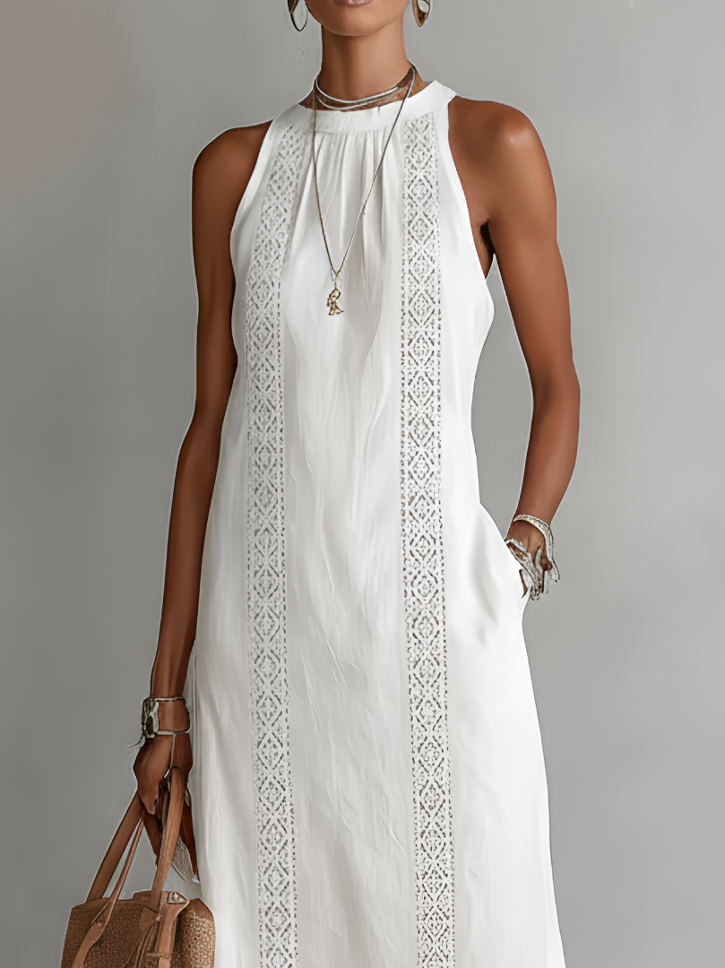 Luciana | Vestido midi bordado con cuello mao